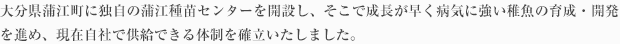 ヨンキュウでは、大分県蒲江町に独自の蒲江種苗センターを開設し、そこで成長が早く病気に強い稚魚の育成、開発を進め、現在自社で供給できる体制を確立いたしました。